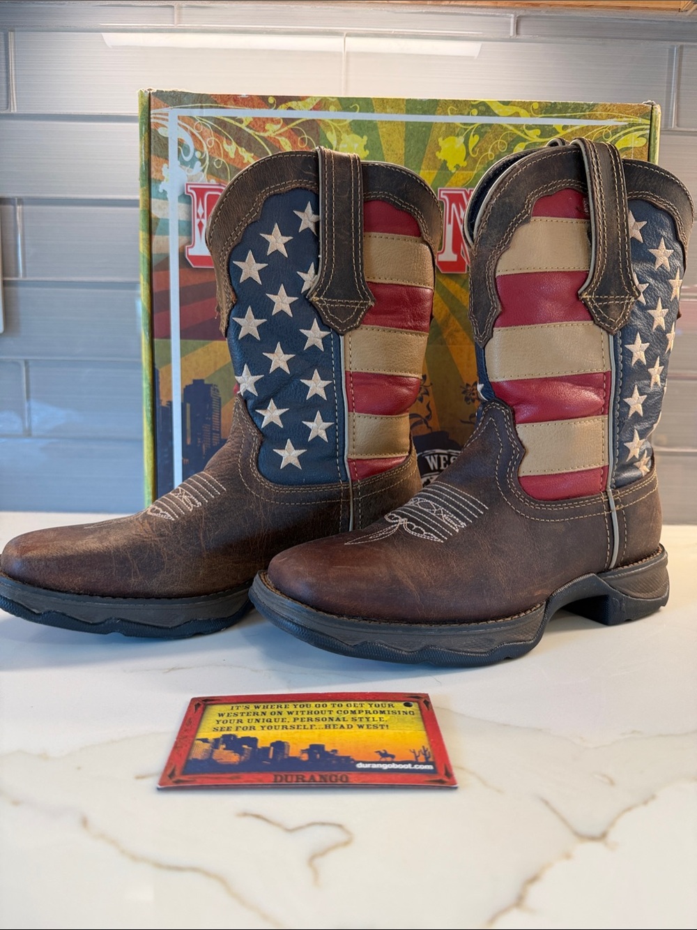 Durango Brown Women’s Western Boots with Red, White & Blue Flag Shaft